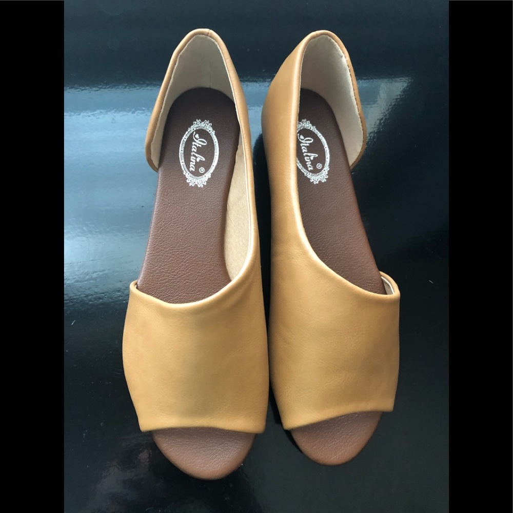 Camel Peep-Toe Wrap Flats